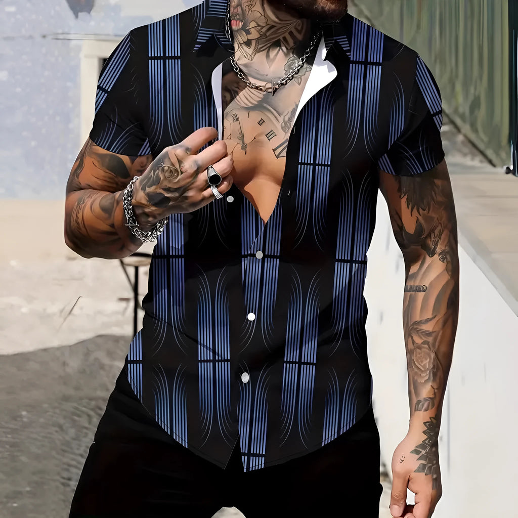 Men's slim fit geometric line print short sleeve shirt in a casual lapel style