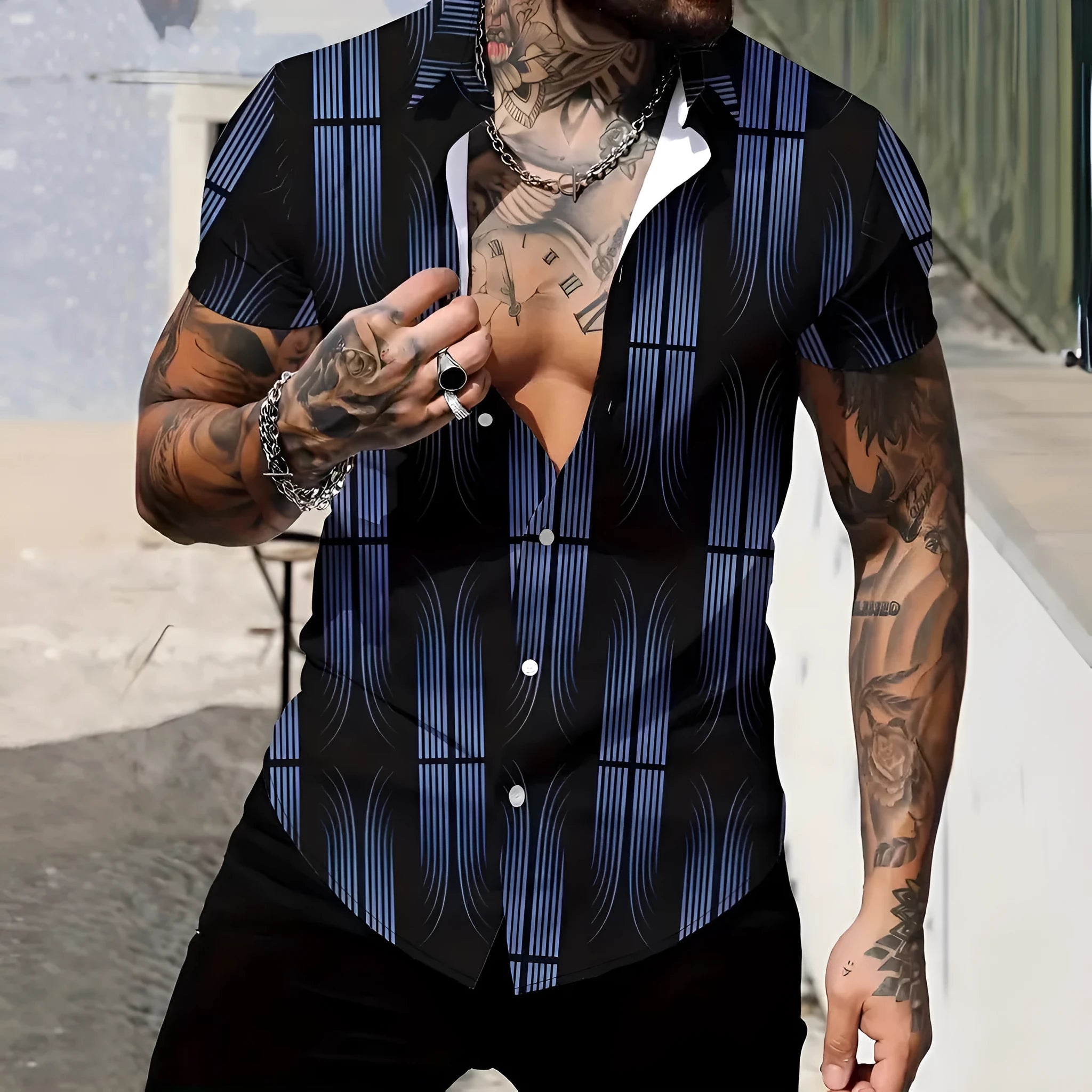 Men's slim fit geometric line print short sleeve shirt in a casual lapel style
