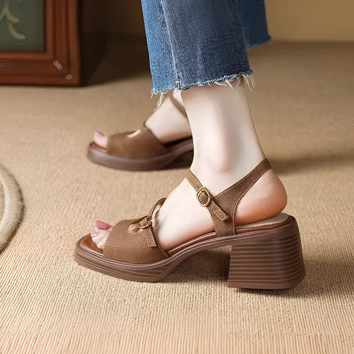 Women's open toe square toe retro platform sandals in milky white and brown colours.
