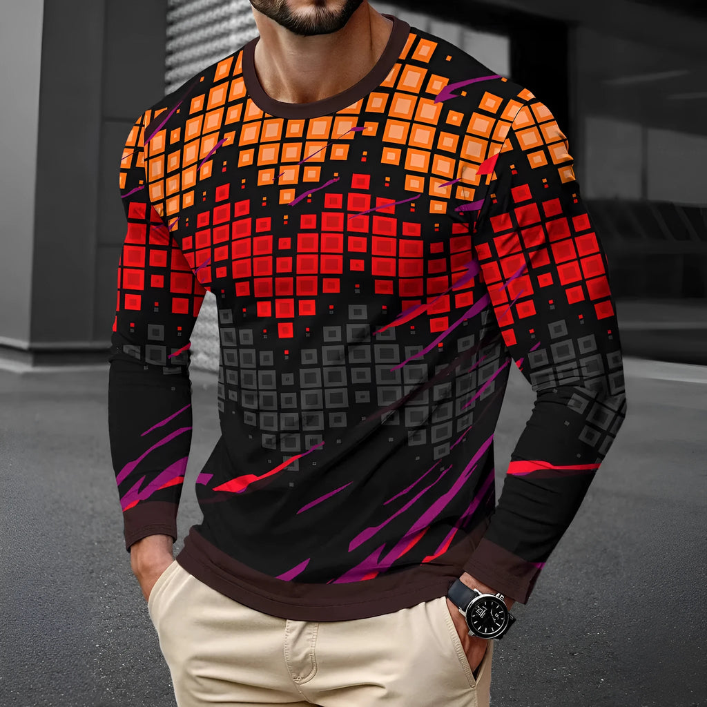 Man wearing a simple milk silk long sleeve pullover with a round neck in one of 27 available colours.