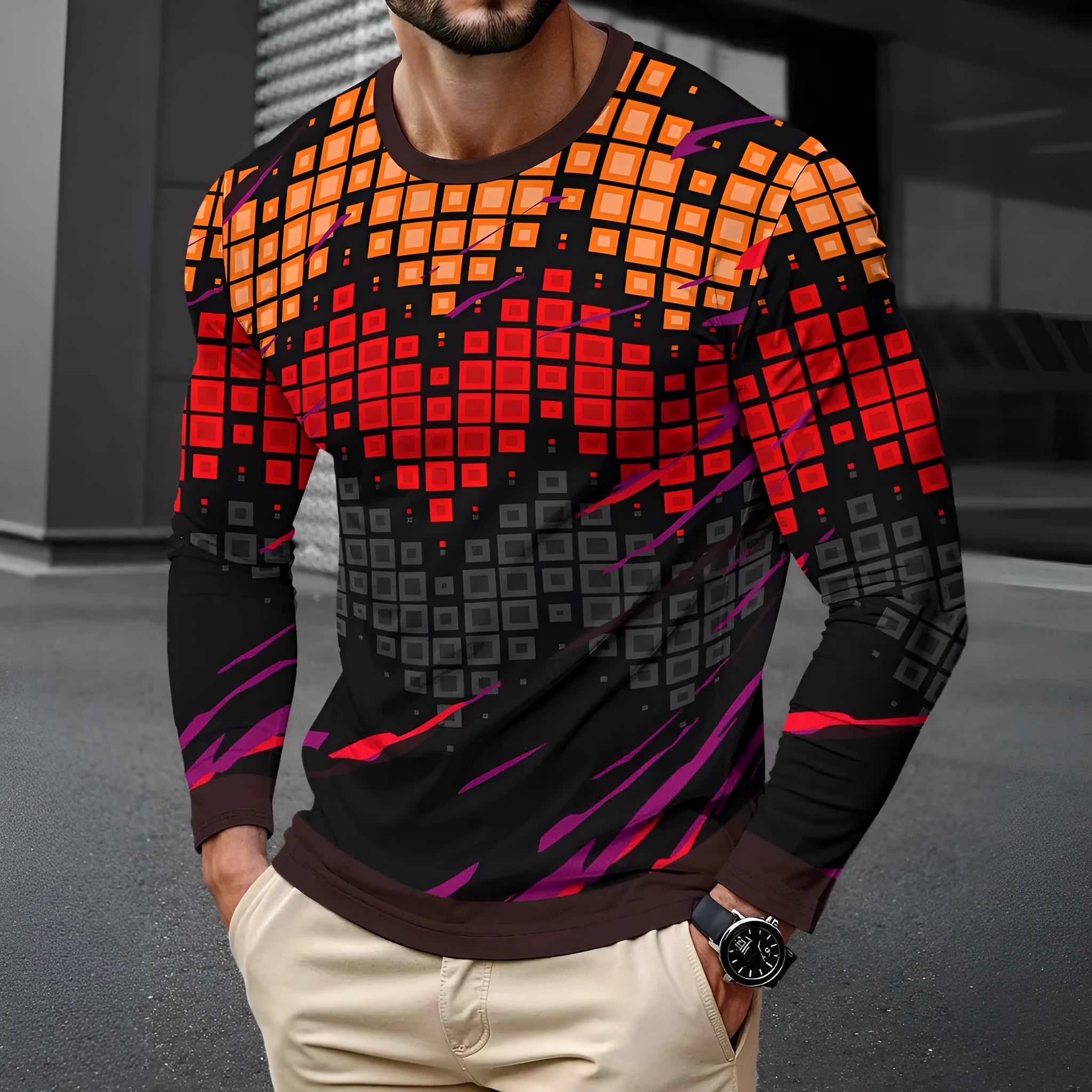 Man wearing a simple milk silk long sleeve pullover with a round neck in one of 27 available colours.