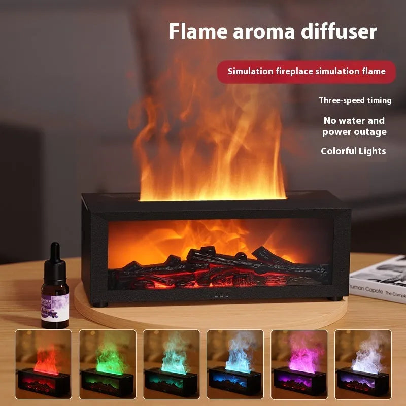 Square desktop flame effect essential oil diffuser humidifier with coloured LED base and remote control.