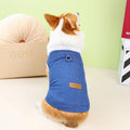 Blue denim cotton dog coat on a model, showing dark and light colour options for various dog sizes.