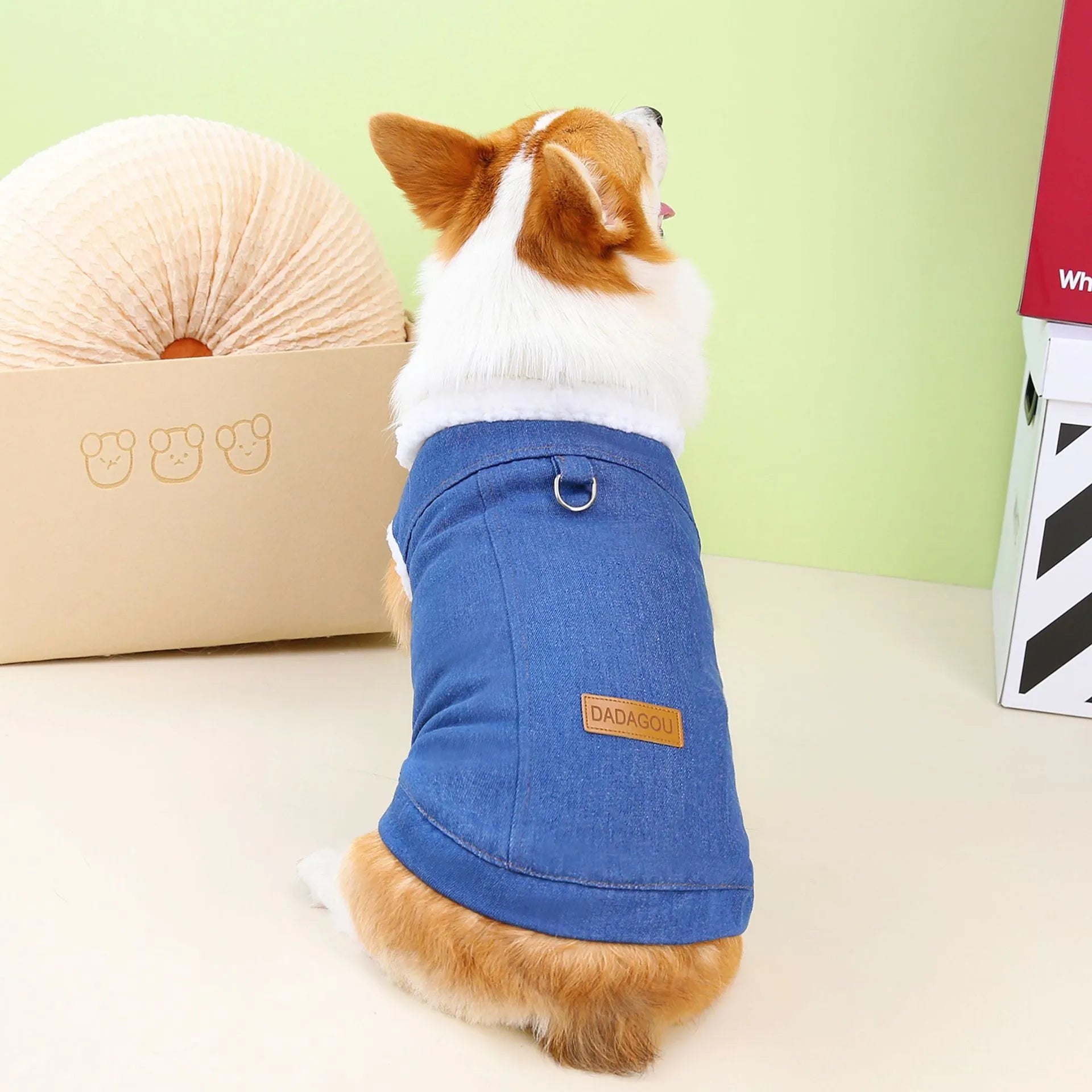 Blue denim cotton dog coat on a model, showing dark and light colour options for various dog sizes.