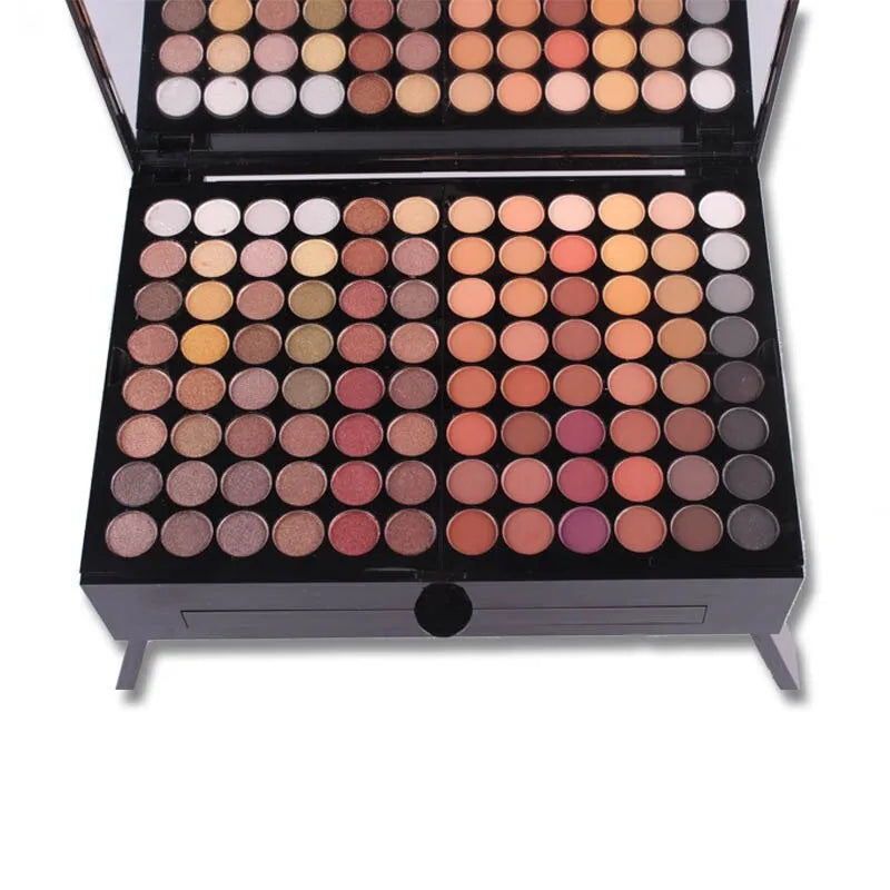 Piano-shaped makeup palette box showing 190 colour pans including eyeshadows, blush and contour powders