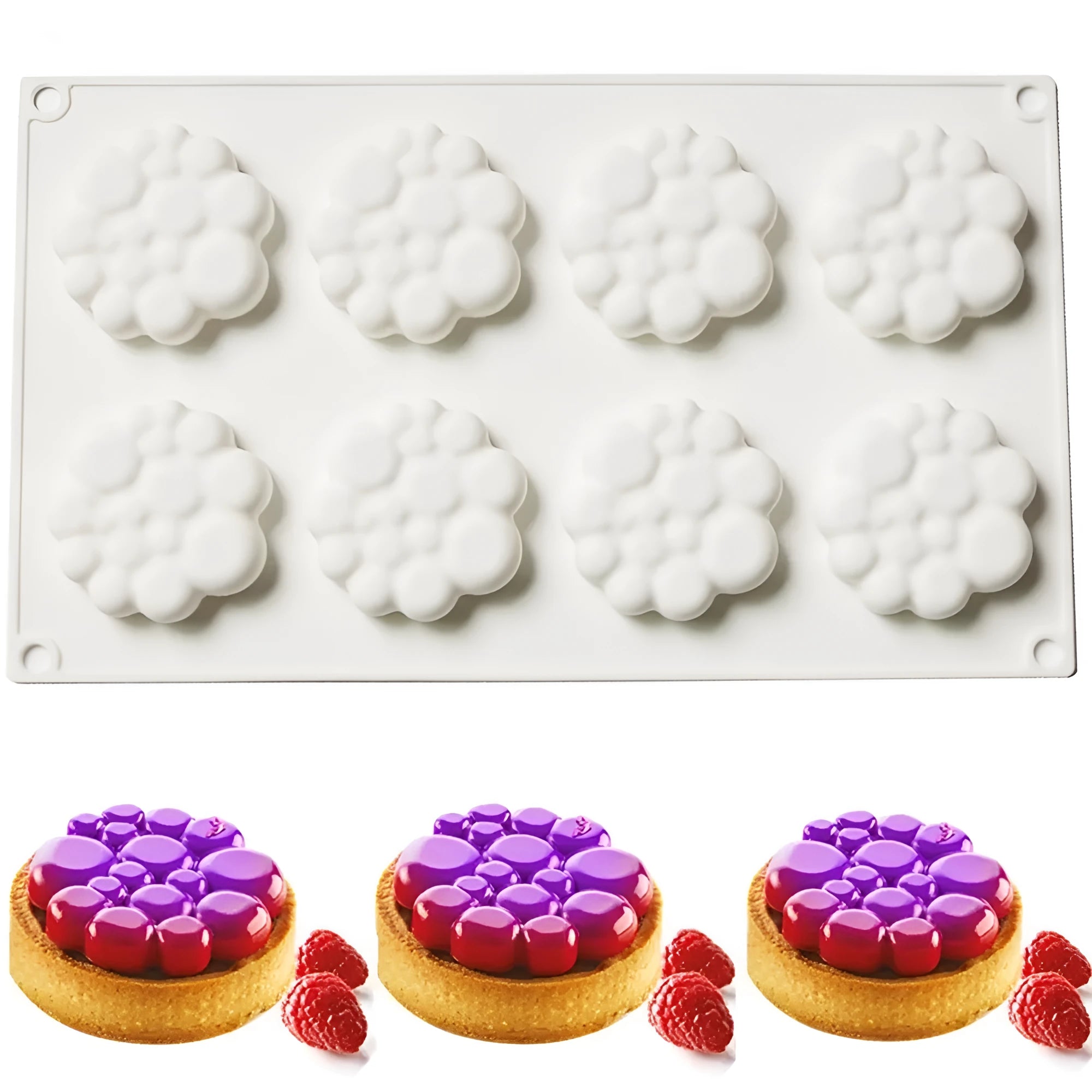 Round silicone baking mould with eight raised bubble cavities for tower cakes.