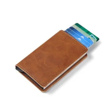 PU aluminium alloy automatic card holder with RFID protection in brown colour, showing pop-up card slot.