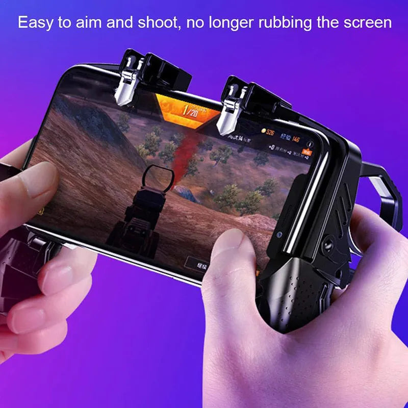Black multi-function gamepad controller with phone holder and trigger buttons for mobile gaming.