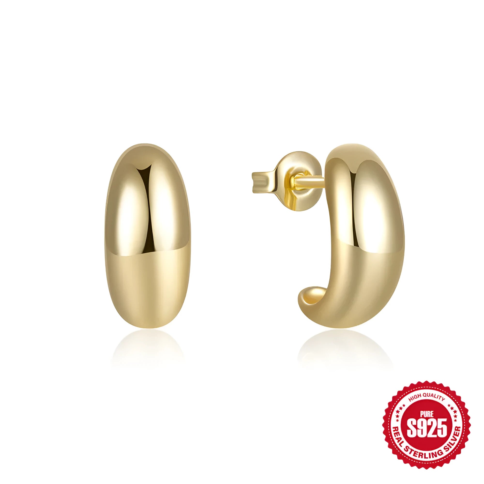 C-shaped sterling silver stud earrings with electroplated gold or silver glossy finishes