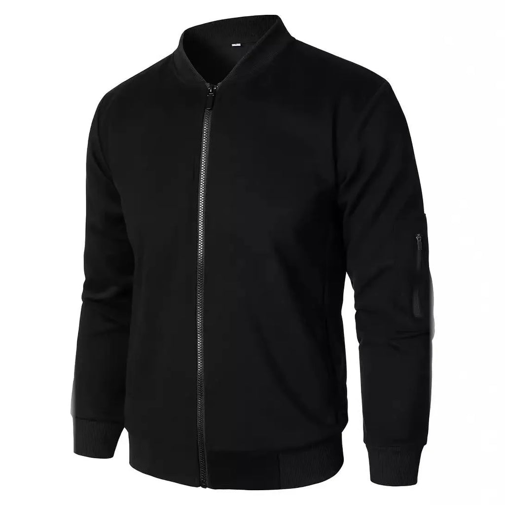 Men's loose fit cotton knitted jacket in black, shown on a hanger
