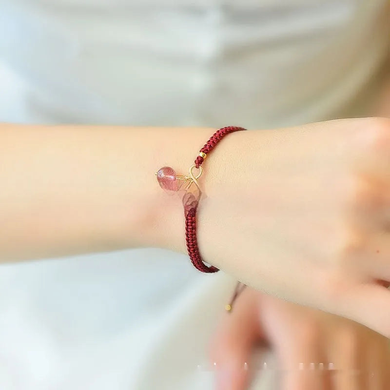 Natural strawberry quartz cherry bracelet for women with purple pink crystal beads on elastic cord