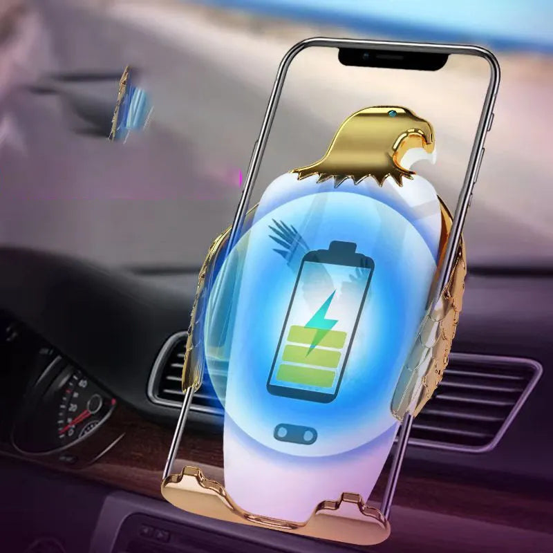 Eagle-style wireless charging car phone holder with suction cup mount in black and gold colour