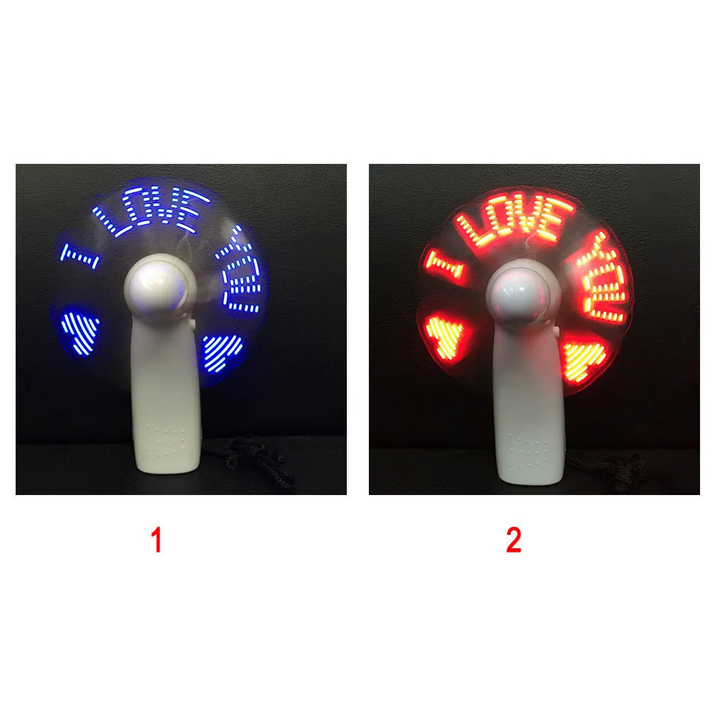 White handheld mini fan with blue and red LED flashing I love you pattern, showing dimensions.