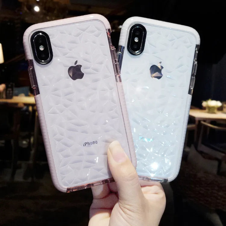 TPU iPhone back cover case with striped pattern, shown in black, pink, and white border colour options.