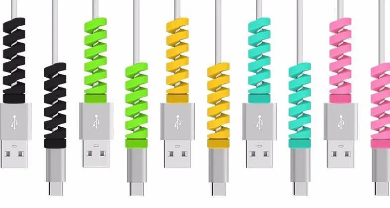 Plastic charging cable protector in various colours, shown next to a USB cable.