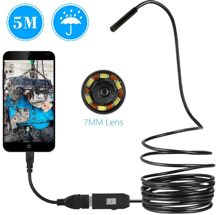 OWSOO USB endoscope with 7mm camera, 5m cable, hook, magnet, and side mirror for phone and PC inspections