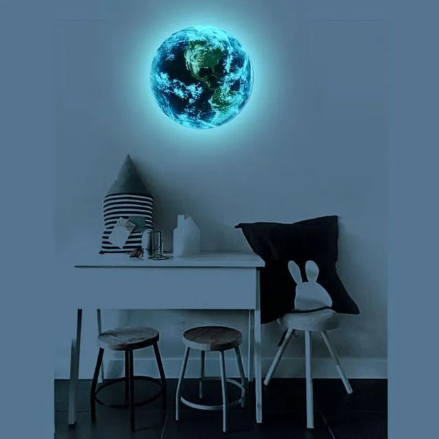 Glow in the dark 3D Earth wall sticker showing luminous planet design in available sizes