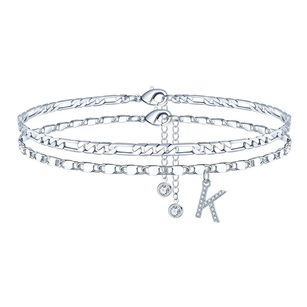 Silver-coloured copper bead double-circle anklet with letter charm on ankle