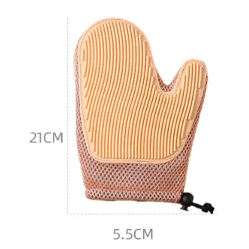 Right-handed pet hair remover glove in textured TPR mesh, shown in dark blue.