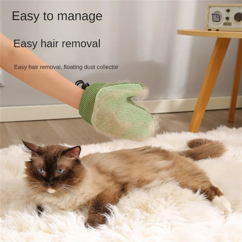 Right-handed pet hair remover glove in textured TPR mesh, shown in dark blue.