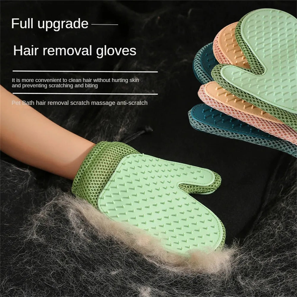 Right-handed pet hair remover glove in textured TPR mesh, shown in dark blue.