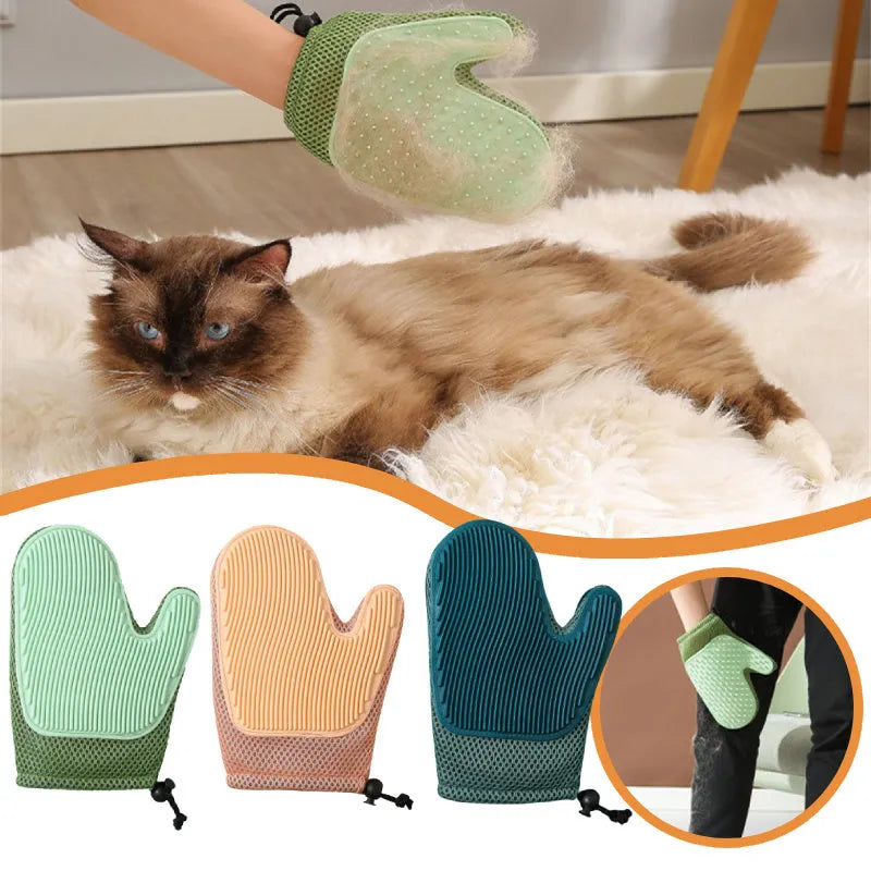 Right-handed pet hair remover glove in textured TPR mesh, shown in dark blue.