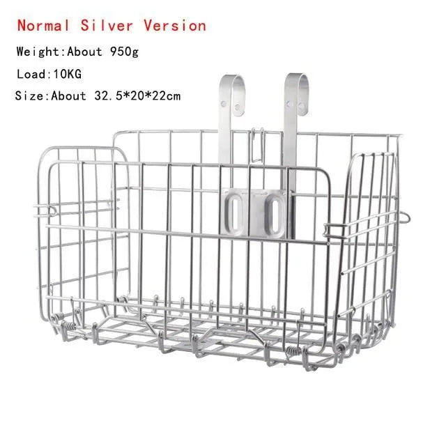 Folding steel bicycle basket in silver, 32.5 cm long, for mountain and road bikes