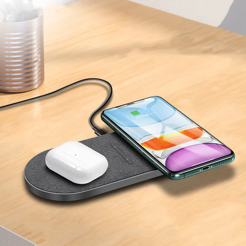 Black 10W wireless charger pair with Type-C and USB ports for dual device charging