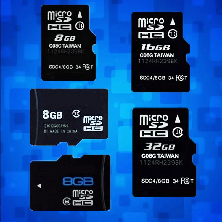 Black Class 10 high-speed memory card with capacities from 128MB to 8GB, 1.5cm by 1cm