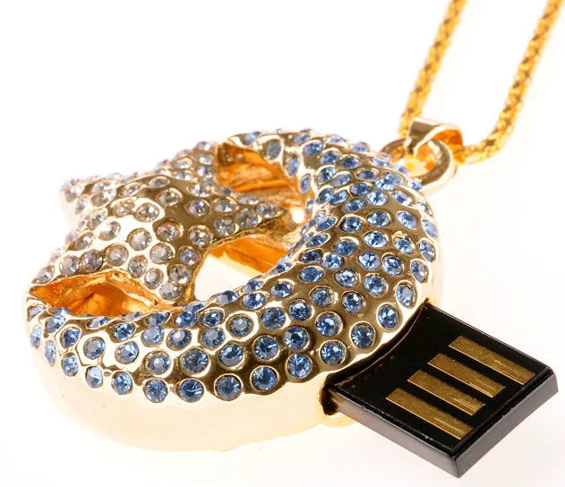 Silver metal jewellery-design USB flash drive on a keyring.