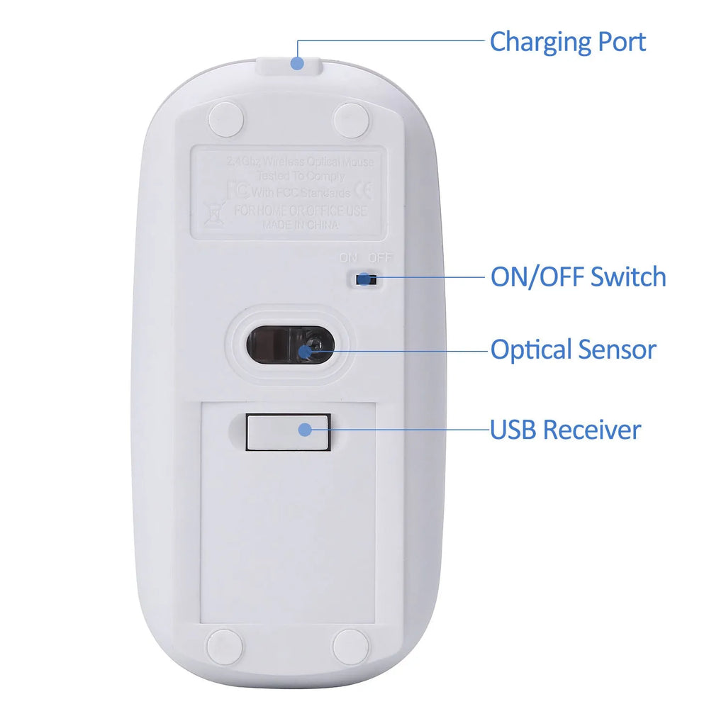 White wireless optical mouse with 4 buttons and 2.4G receiver, 11.2 cm long