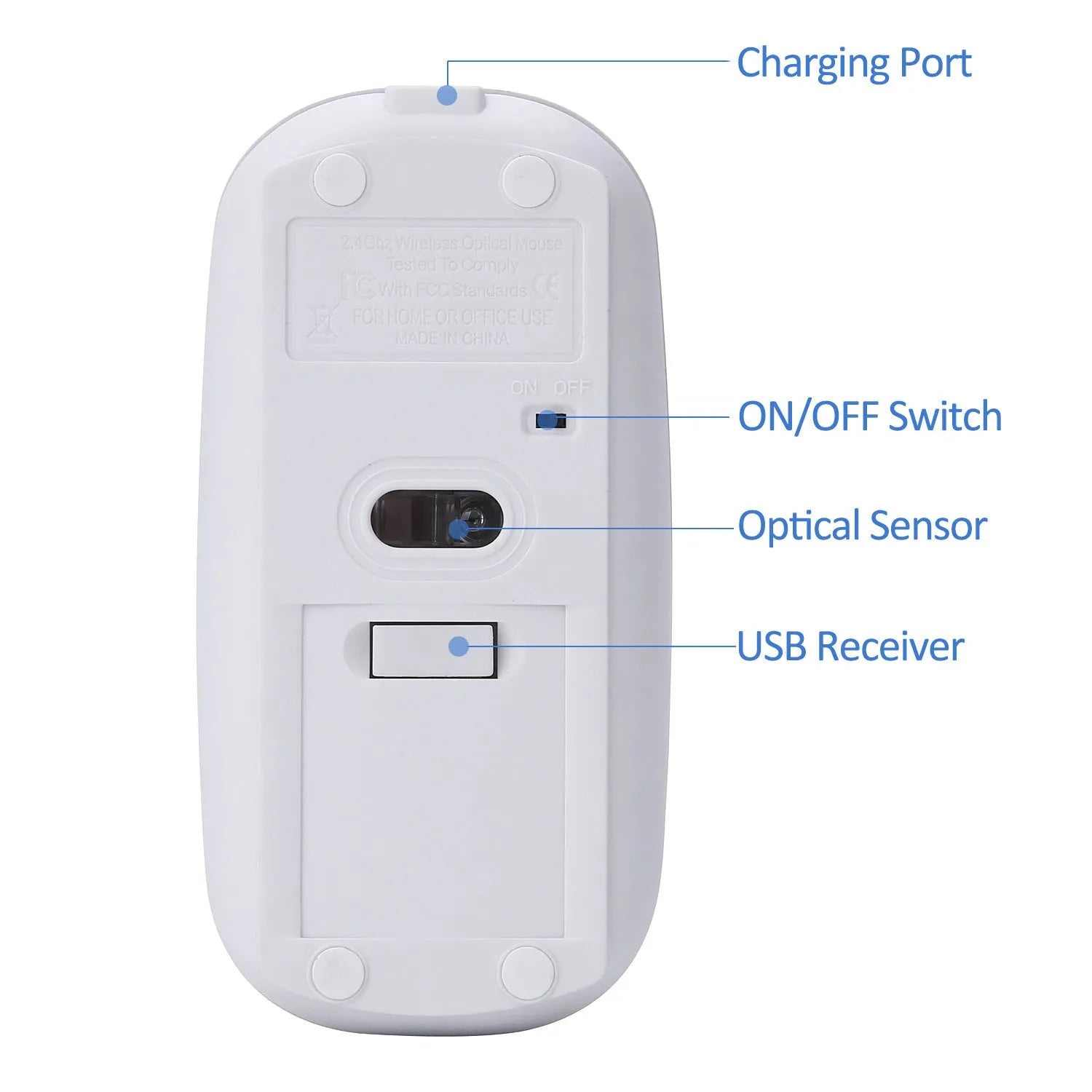 White wireless optical mouse with 4 buttons and 2.4G receiver, 11.2 cm long