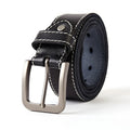 Washed leather belt in khaki with alloy pin buckle on a neutral background