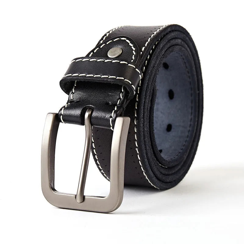 Washed leather belt in khaki with alloy pin buckle on a neutral background