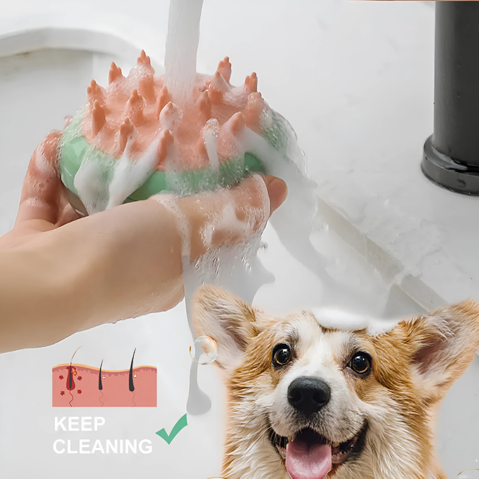 Blue and green pet grooming brush with shampoo dispenser and silicone massage bristles for dogs and cats