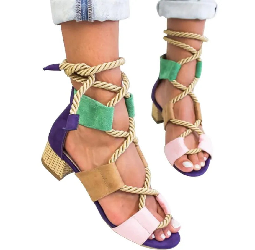 Women's beige suede sandals with a round head, thick middle heel, fish mouth toe, and front ankle straps.