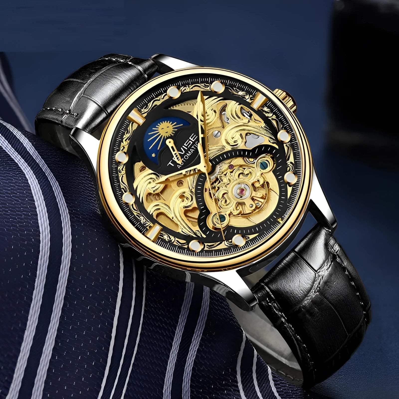 Men's gold leather strap automatic mechanical watch with waterproof case on wrist.