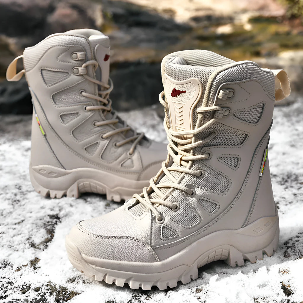 Men's cowhide leather hi-top hiking sneaker in beige, suitable for running, climbing and camping.