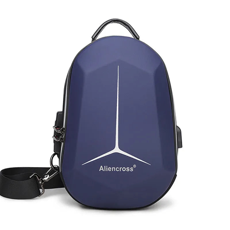 Waterproof Oxford cloth chest bag in black, blue, brown, or rose red, showing front compartment