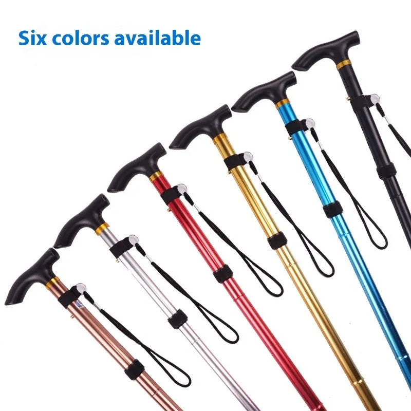Aluminium folding walking stick extended to show adjustable height with rubber handle