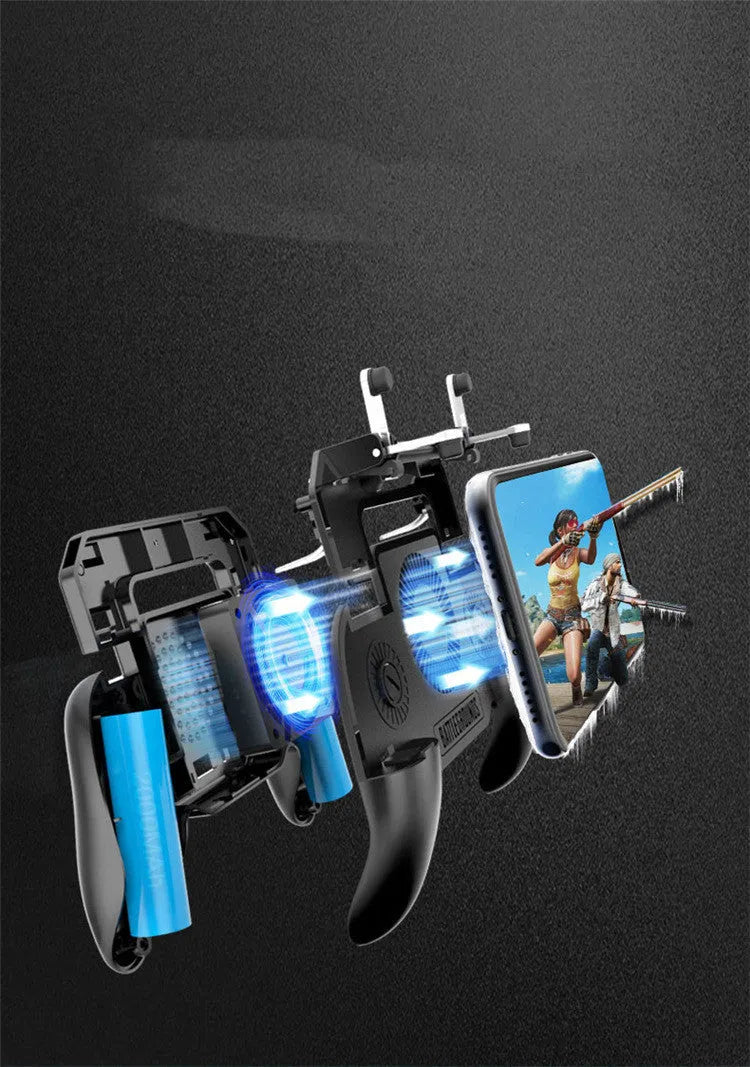 Black mobile game controller for smartphones with aluminium alloy trim and action buttons.