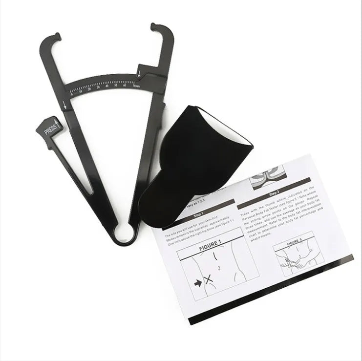 Black body fat measuring instrument with skin fold caliper and measurement tape