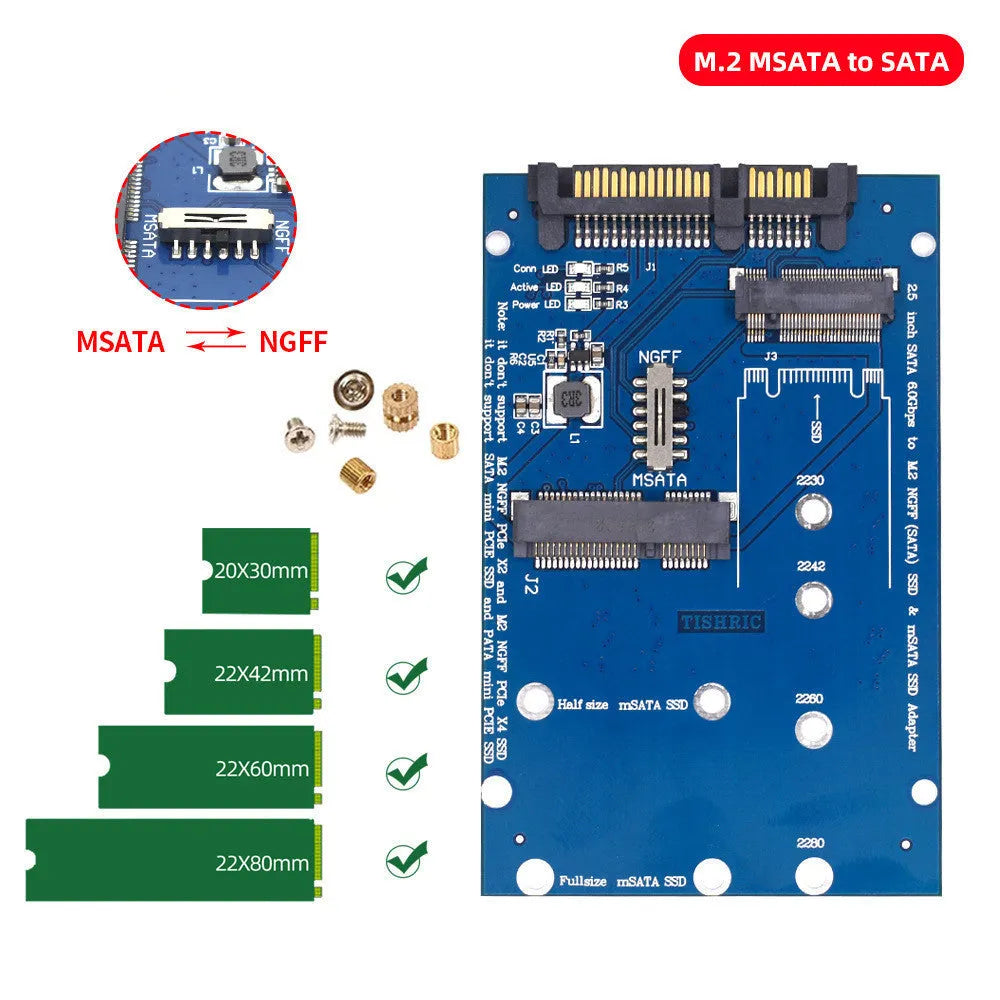 SATA3 to M.2 NGFF and mSATA SSD interface conversion adapter card on blue or black PCB