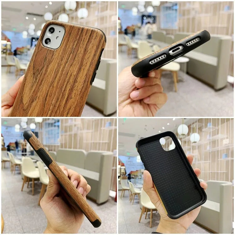 Slim wooden back cover case for iPhone showing natural rosewood grain texture.