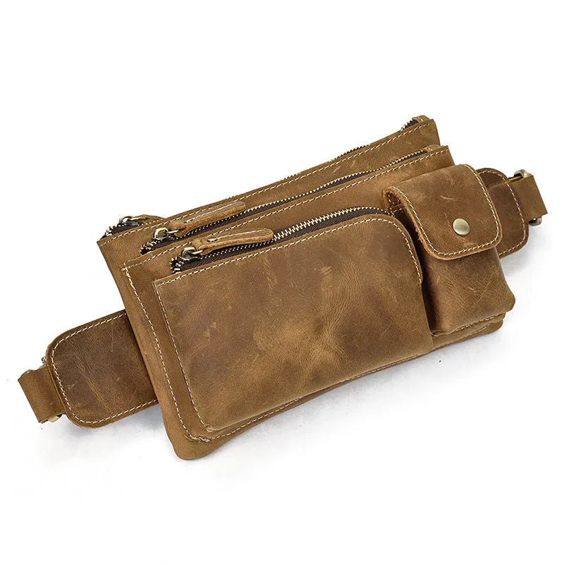 Men's first layer cowhide leather waist bag crossbody bag 24cm in dark brown with multiple zippered compartments