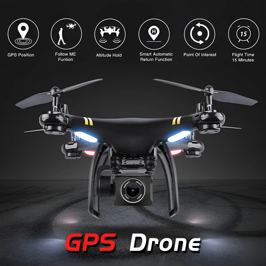 Black 5G GPS quadcopter drone with HD camera and fence guards on a flat surface