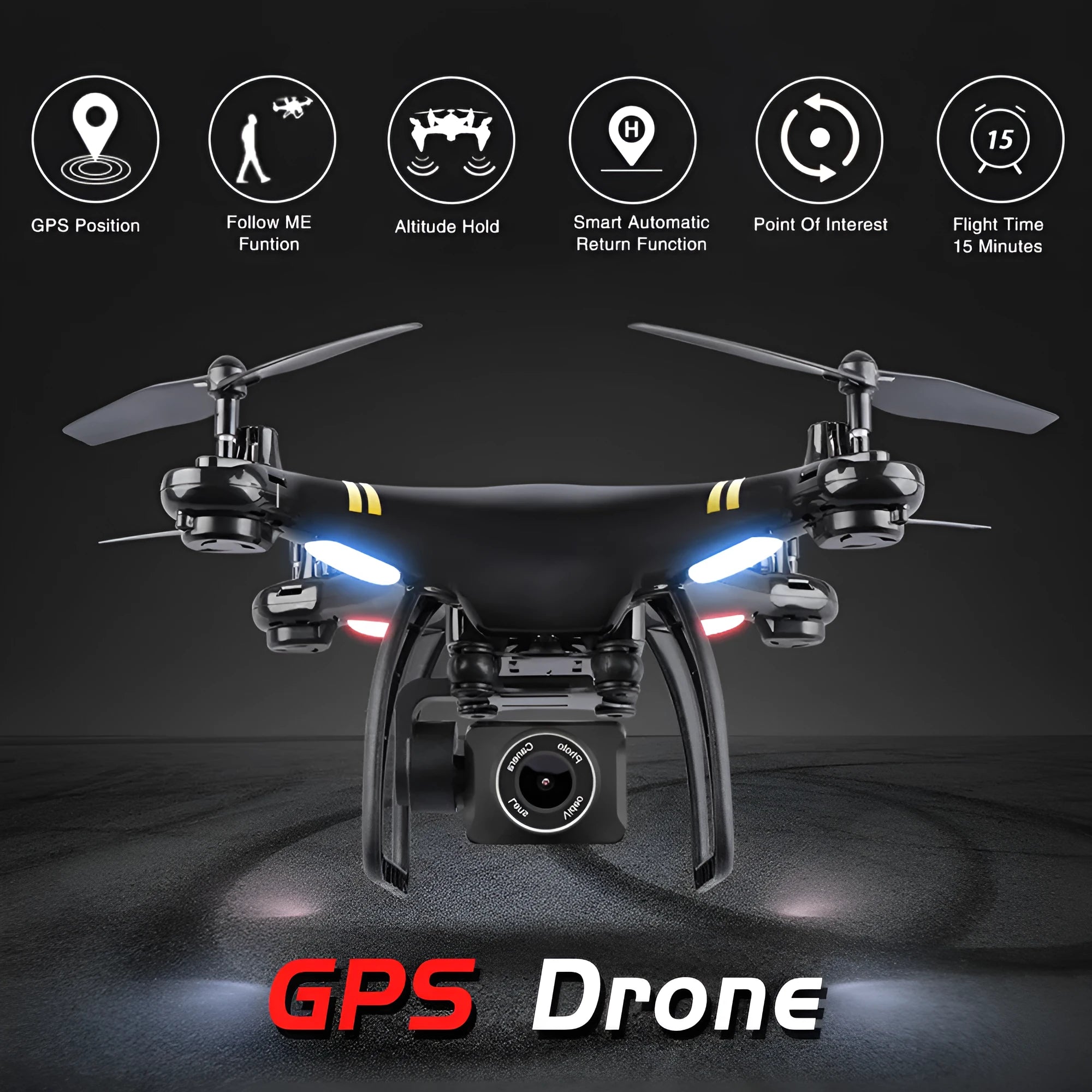 Black 5G GPS quadcopter drone with HD camera and fence guards on a flat surface