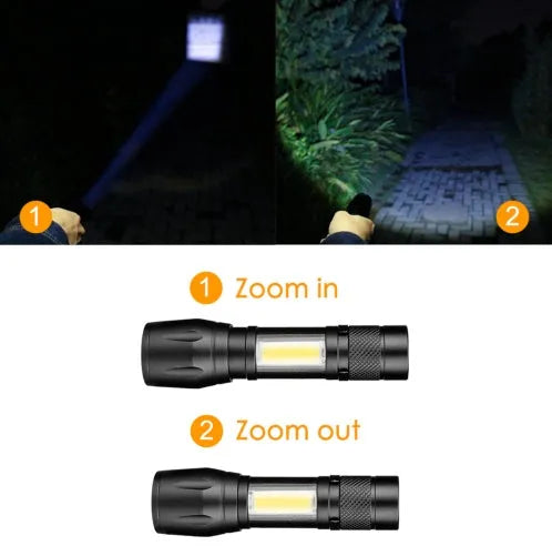 Black aluminium alloy mini telescopic LED flashlight with adjustable zoom focus and clip for daily carry