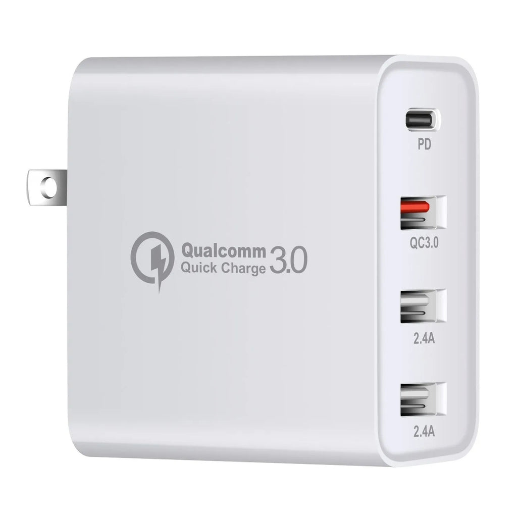 Black or white 48W PD charger with four USB Type-C ports and a power indication light.