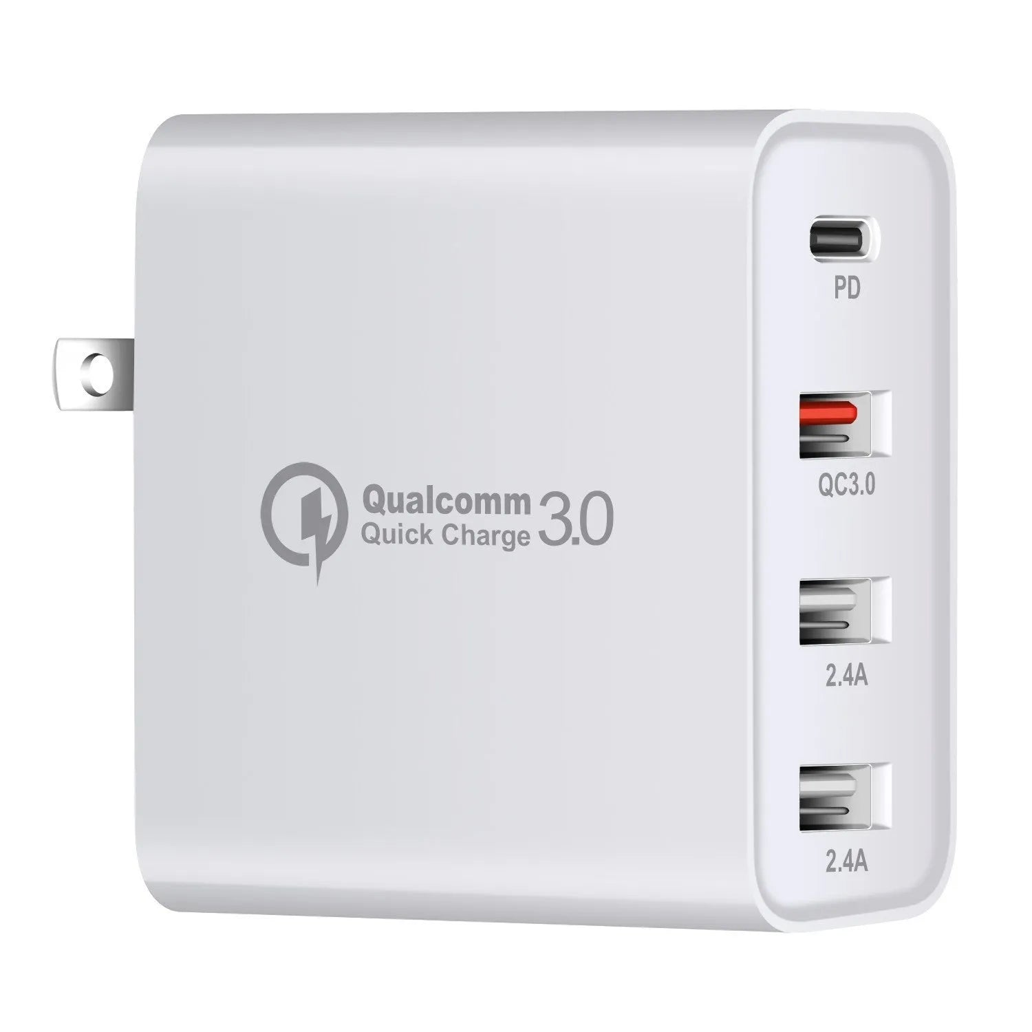 Black or white 48W PD charger with four USB Type-C ports and a power indication light.